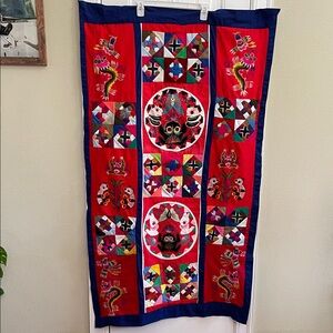 Colorful Patchwork Tapestry with Dragon and Panda Embroidered Design
